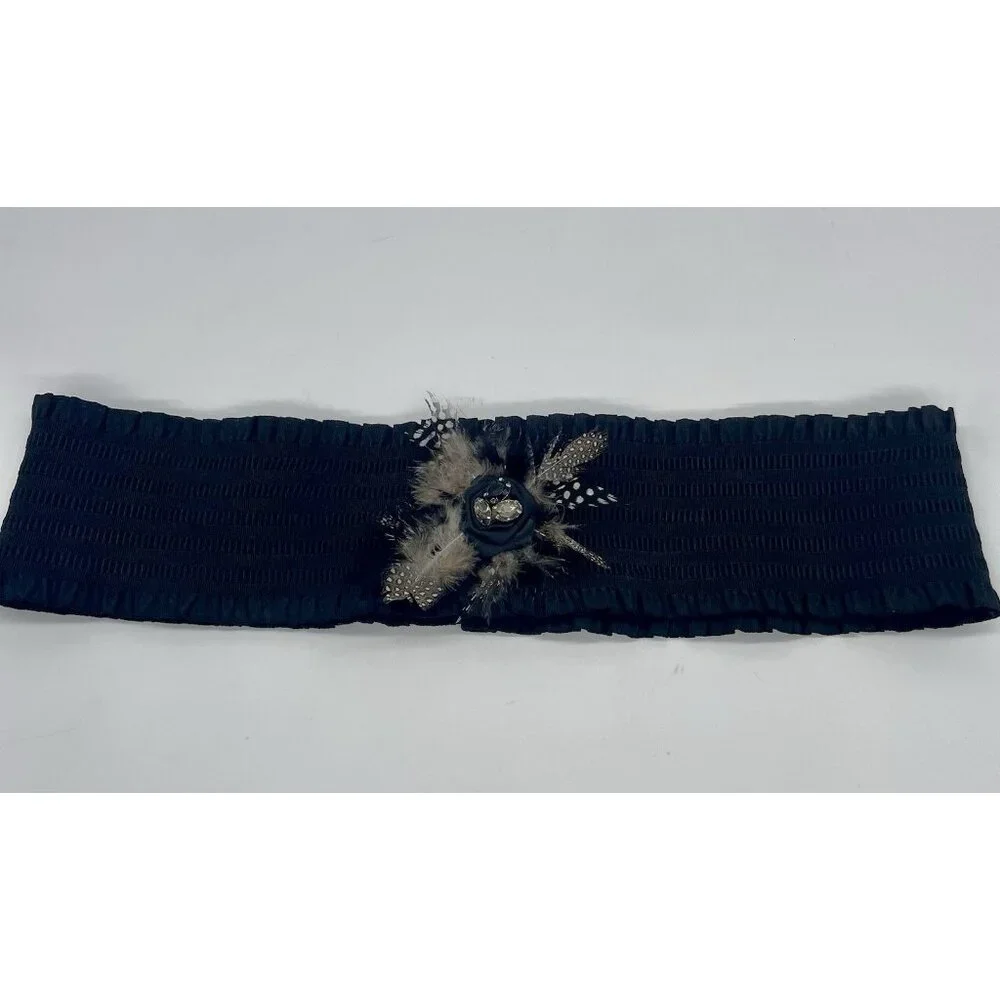 Lake Shore Drive Accessories Black Stretch Belt Feathers Crystals Victorian Boho